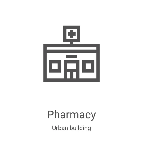 Vector icono de farmacia de la colección de edificios urbanos. Línea delgada farmacia esquema icono vector ilustración. Símbolo lineal para su uso en aplicaciones web y móviles, logotipo, medios impresos — Vector de stock