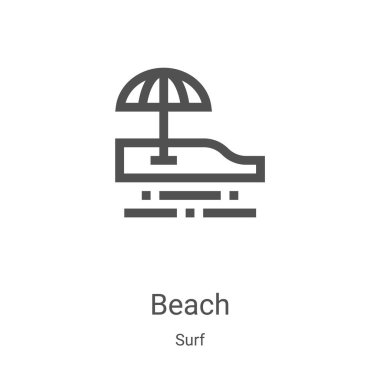 Sörf koleksiyonundan plaj ikonu vektörü. İnce çizgi plaj taslağı ikon vektör çizimi. Web ve mobil uygulamalarda kullanmak için doğrusal sembol, logo, yazdırma ortamı