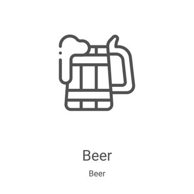 Bira koleksiyonundan bira ikonu vektörü. İnce çizgi bira ana hatlı ikon vektör çizimi. Web ve mobil uygulamalarda kullanmak için doğrusal sembol, logo, yazdırma ortamı