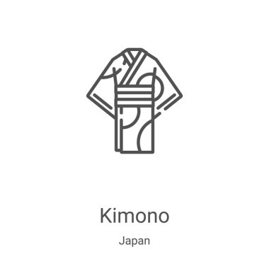 Japonya koleksiyonundan kimono ikon vektörü. İnce çizgili kimono taslağı ikon vektör çizimi. Web ve mobil uygulamalarda kullanmak için doğrusal sembol, logo, yazdırma ortamı
