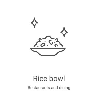 Restoranlardan ve yemek koleksiyonundan pirinç kase ikonu vektörü. İnce pirinç kasesi ana hatlı ikon vektör çizimi. Web ve mobil uygulamalarda kullanmak için doğrusal sembol, logo, yazdırma ortamı