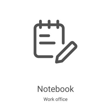 Ofis koleksiyonundan dizüstü bilgisayar ikonu vektörü. İnce çizgi çizili defter ana hatları ikon vektör çizimi. Web ve mobil uygulamalarda kullanmak için doğrusal sembol, logo, yazdırma ortamı