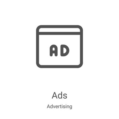 Reklam koleksiyonundan reklam simgesi vektörü. İnce çizgi reklam taslağı ikon vektör illüstrasyonu. Web ve mobil uygulamalarda kullanmak için doğrusal sembol, logo, yazdırma ortamı