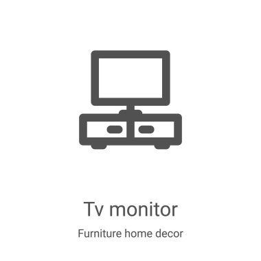 Mobilya ev dekoru koleksiyonundan televizyon izleme ikonu vektörü. İnce çizgi televizyon monitörü ana hatlı ikon vektör çizimi. Web ve mobil uygulamalarda kullanmak için doğrusal sembol, logo, yazdırma ortamı
