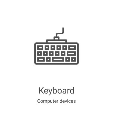 Bilgisayar aygıtları koleksiyonundan klavye simgesi vektörü. İnce çizgi klavye taslağı ikon vektör illüstrasyonu. Web ve mobil uygulamalarda kullanmak için doğrusal sembol, logo, yazdırma ortamı
