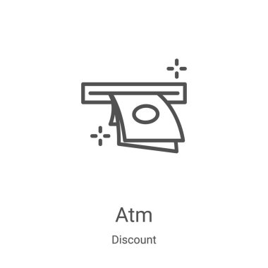 İndirim koleksiyonundan atm ikon vektörü. İnce çizgi atm ana hatlı ikon vektör çizimi. Web ve mobil uygulamalarda kullanmak için doğrusal sembol, logo, yazdırma ortamı