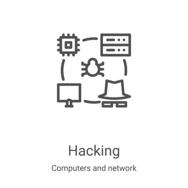Bilgisayarlardan ve ağ koleksiyonundan ikon vektörü hackleniyor. İnce çizgi kırma ikon vektör illüstrasyonu. Web ve mobil uygulamalarda kullanmak için doğrusal sembol, logo, yazdırma ortamı