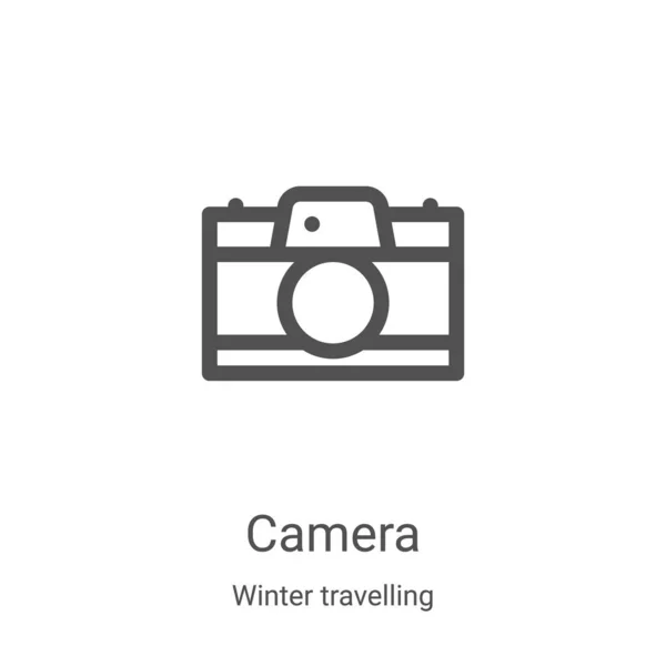 Значок фотоапарата вектор з колекції зимових подорожей. Тонка лінія камери окреслює піктограму Векторні ілюстрації. Лінійний символ для використання у веб- та мобільних додатках, логотипі, друкованих засобах масової інформації — стоковий вектор