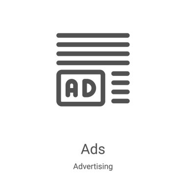 Reklam koleksiyonundan reklam simgesi vektörü. İnce çizgi reklam taslağı ikon vektör illüstrasyonu. Web ve mobil uygulamalarda kullanmak için doğrusal sembol, logo, yazdırma ortamı