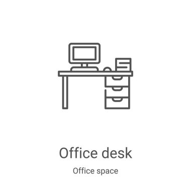Ofis alanı koleksiyonundan ofis masası ikonu vektörü. İnce çizgi ofis masası ana hatlı ikon vektör çizimi. Web ve mobil uygulamalarda kullanmak için doğrusal sembol, logo, yazdırma ortamı