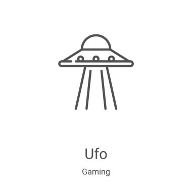 Oyun koleksiyonundan UFO ikon vektörü. İnce çizgi UFO taslağı ikon vektör illüstrasyonu. Web ve mobil uygulamalarda kullanmak için doğrusal sembol, logo, yazdırma ortamı