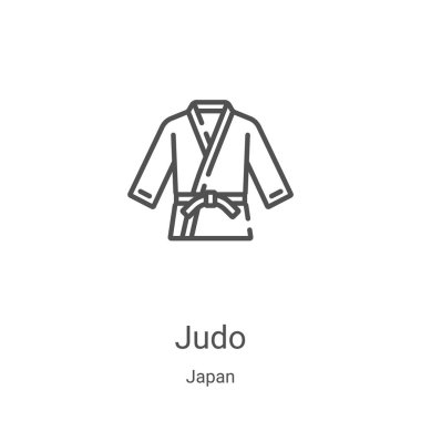 Japonya koleksiyonundan meyve suyu ikonu vektörü. İnce çizgi judo taslağı ikon vektör illüstrasyonu. Web ve mobil uygulamalarda kullanmak için doğrusal sembol, logo, yazdırma ortamı
