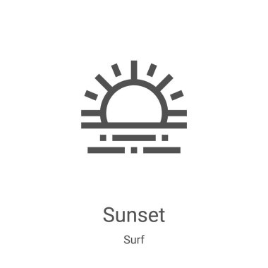 Sörf koleksiyonundan gün batımı simgesi vektörü. İnce çizgi günbatımı taslağı ikon vektör çizimi. Web ve mobil uygulamalarda kullanmak için doğrusal sembol, logo, yazdırma ortamı
