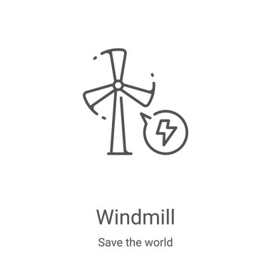 Yel değirmeni ikonu vektörü dünya koleksiyonunu kurtarıyor. İnce çizgili yel değirmeni ana hatları ikon vektör çizimi. Web ve mobil uygulamalarda kullanmak için doğrusal sembol, logo, yazdırma ortamı