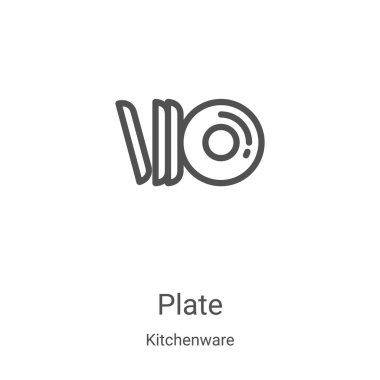 Mutfak eşyası koleksiyonundan tabak ikonu vektörü. İnce çizgi ana hatlı ikon vektör çizimi. Web ve mobil uygulamalarda kullanmak için doğrusal sembol, logo, yazdırma ortamı