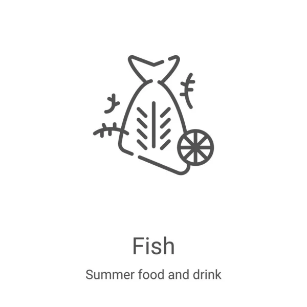 Vetor ícone de peixe de comida de verão e coleta de bebidas. Linha fina peixe esboço ícone vetor ilustração. Símbolo linear para uso em aplicativos web e móveis, logotipo, mídia impressa — Vetor de Stock