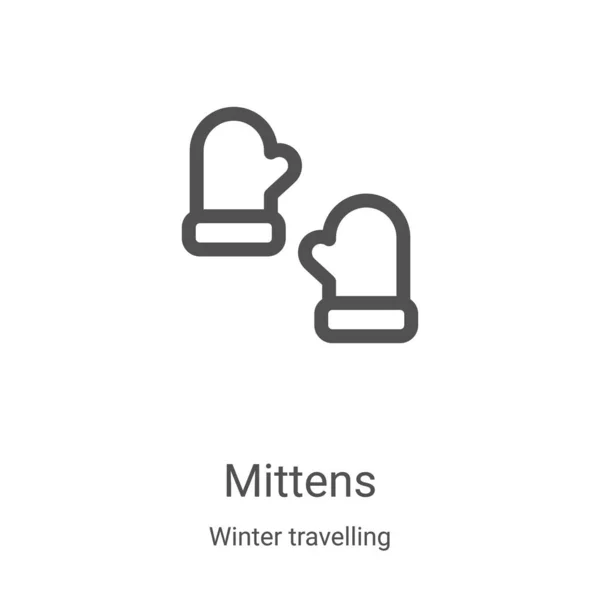 Mitones vector icono de la colección de viajes de invierno. Línea delgada mitones contorno icono vector ilustración. Símbolo lineal para su uso en aplicaciones web y móviles, logotipo, medios impresos — Archivo Imágenes Vectoriales