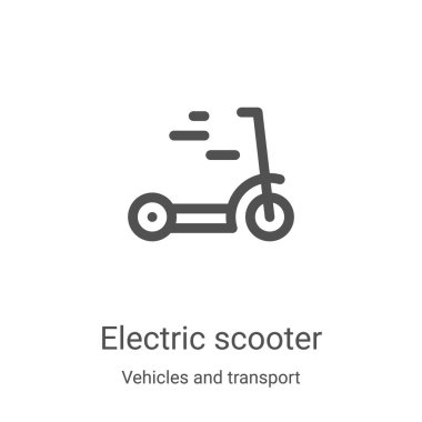 Araçlar ve ulaşım koleksiyonundan elektrikli scooter ikonu vektörü. İnce çizgili elektrikli scooter taslak ikon vektör çizimi. Web ve mobil uygulamalarda kullanmak için doğrusal sembol, logo, yazdırma ortamı