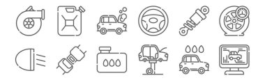 12 araba tamir ikonu seti. Teşhis, araba tamiri, emniyet koltuğu, sönümleyici, arıza, tüp gibi ince çizgi simgeleri