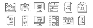 12 ses ve video simgesi seti. Mov, resim, akıllı telefon, mp, bilgisayar gibi ince çizgi simgelerini yükle