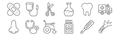 12 tıbbi ikon seti. Kolesterol, ilaç, steteskop, diş, makas, kan nakli gibi ince çizgi simgeleri