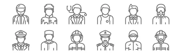 set of 12 profession avatar icons. outline thin line icons such as firefighter, captain, moslem, showman, doctor, soldier