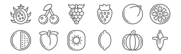 Set Fruits Icons Outline Thin Line Icons Banana Lemon Peach — Stock Vector