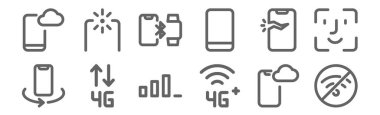12 telefon ve cep telefonu ikonu seti. Kablosuz ağ, G +, G, akıllı telefon, mobil kalibrasyon, kamera gibi ince çizgi simgeleri