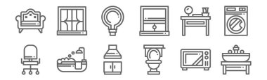 12 ev ve yaşayan ikonlar. Lavabo, wc, küvet, tuvalet masası, ampul, pencere gibi ince çizgi simgeleri