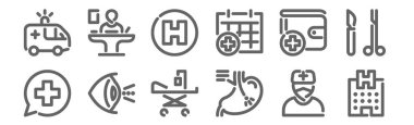 12 hastane ikonu. Hastane, endoskopi, optalmoloji, cüzdan, hastane, resepsiyon gibi ince çizgi simgeleri