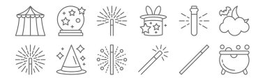 12 sihirli ikon seti. Kazan, sihirli değnek, cadı şapkası, iksir, sihirli değnek, kristal küre gibi ince çizgi simgeleri.