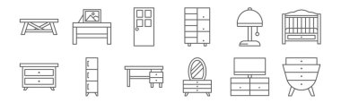 12 mobilya ikonu. Çekmeceler, tuvalet masası, dolap, lamba, kapı, masa gibi ince çizgi simgeleri