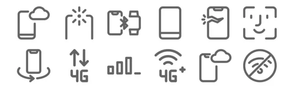 Conjunto Teléfonos Iconos Móviles Contorno Iconos Línea Delgada Como Wifi — Vector de stock