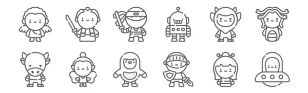 Jeu Personnages Fantastiques Icônes Contour Des Icônes Ligne Mince Telles — Image vectorielle