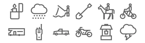 Set Outdoor Activities Icons Outline Thin Line Icons Storm Motorbike — Stock Vector