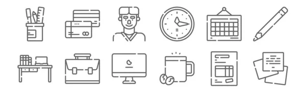 Set Von Bürosymbolen Umreißen Dünne Linien Symbole Wie Notizen Kaffeetasse — Stockvektor