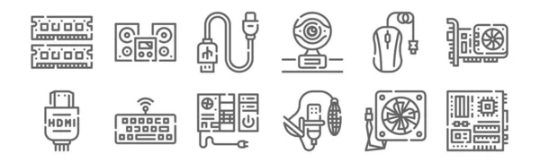 Set Computer Hardware Icons Outline Thin Line Icons Motherboard Microphone — Stock Vector