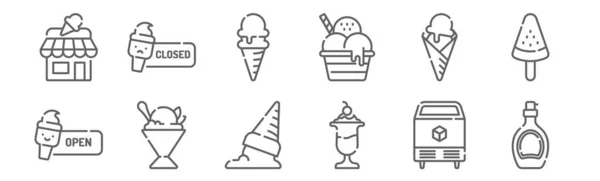 Conjunto Iconos Heladería Esbozar Iconos Línea Delgada Como Jarabe Helado — Vector de stock