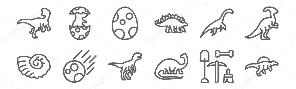 set of 12 dinosaur icons. outline thin line icons such as spinosaurus, brontosaurus, meteor, plesiosaur, egg, dinosaur egg