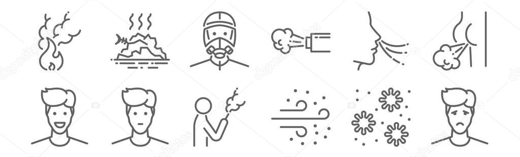 set of 12 air pollution contamination icons. outline thin line icons such as sad, dust, neutral, breath, mask, junk
