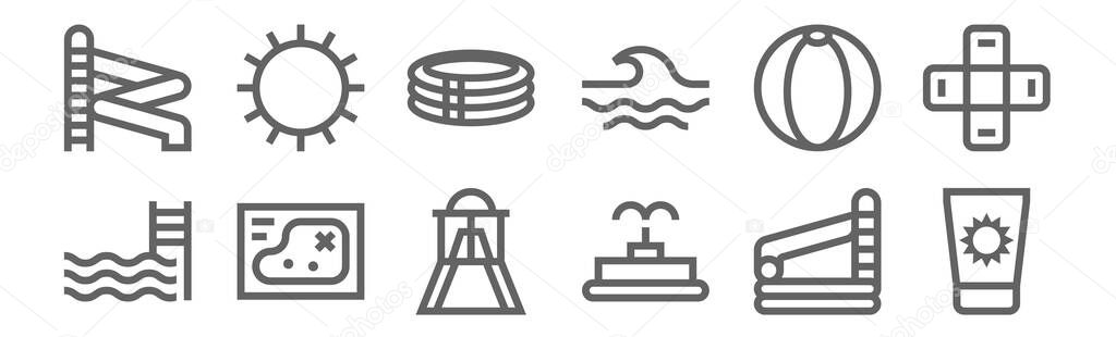 set of 12 water park icons. outline thin line icons such as sun cream, fountain, map, beach ball, pool, sun