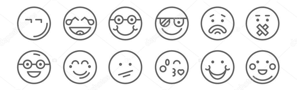 set of 12 emoticons icons. outline thin line icons such as embarrassed, kiss, smile, sad, nerd, laughing