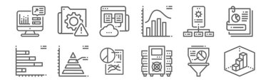12 veri analiz ikonu seti. D, data, piramit, api, ağ sunucu, sistem gibi ince çizgi simgeleri