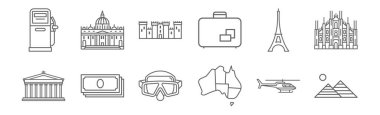 12 seyahat ikonu seti. Mısır piramitleri, Avustralya haritası, banknotlar yığını, Eyfel kulesi, ortaçağ kalesi, Vaticano gibi ince çizgi simgeleri