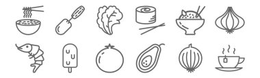 12 gastronomi koleksiyonu simgesi. Çay, avokado, dondurma, pilav, salata, bıçak gibi ince çizgi simgeleri