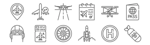 Set Aviation Icons Outline Thin Line Icons Bomb Rocket Plane — Stock Vector