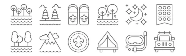 Set Scouts Icons Outline Thin Line Icons Car Tent Mountain — Stock Vector