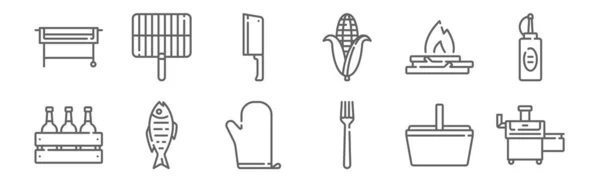 Set Barbecue Icons Outline Thin Line Icons Bbq Fork Fish — Stock Vector