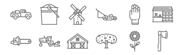 Set Von Landwirtschaftlichen Symbolen Konturen Dünner Linien Wie Axt Baum — Stockvektor