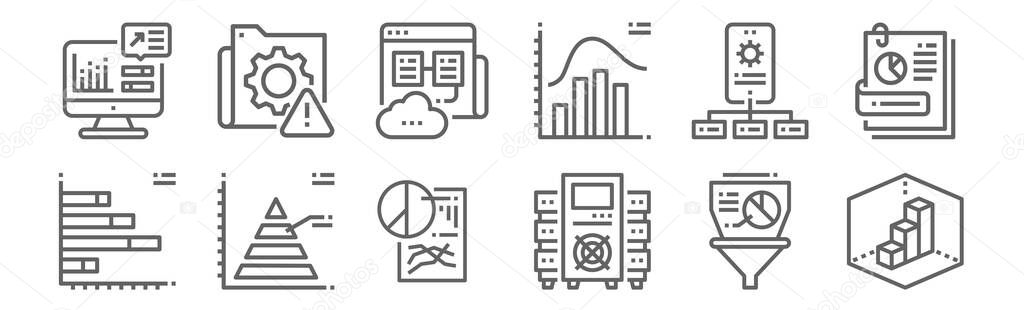 set of 12 data analytics icons. outline thin line icons such as d, data, pyramid, api, web hosting, system
